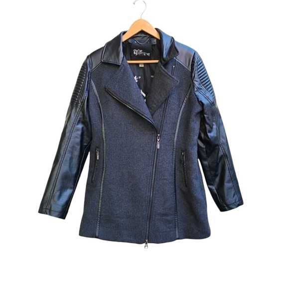 Wool Blend and Faux Leather Jacket in Black and Grey, Size Medium - Picture 1 of 7